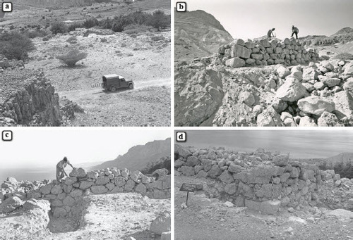 Fig. 4: The excavations of the En-Gedi Spring site by the Mazar expedition (1961–1962); a) general view, looking southeast; the site is located near the top of the image, just in front of the vegetation-rich area; b) excavations on top of platform; c) northern wall of platform and L302, looking south; d) northwest corner of platform and L303, looking southeast