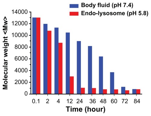 Figure 4 The degradation curves of PSIA in PBS, at pH 7.4 and pH 5.8 at 37°C (relative to the original molecular weight of PSIA).Abbreviations: PSIA, polyspermine imidazole-4, 5-amide; PBS, phosphate buffer solution.