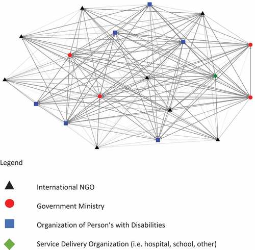Figure 1. Graphical representation of network of assistive technology organizations in Malawi.