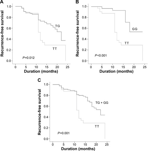 Figure 2 Kaplan–Meier curve for influence of MDM2 SNP309 T>G polymorphism on risk of recurrence in NMIBC patients treated with cisplatin-based combination chemotherapy.