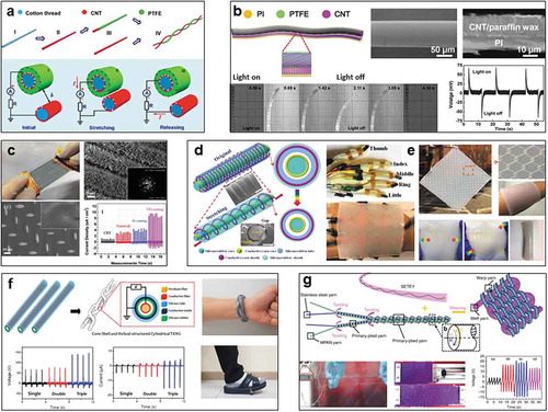 Figure 3. Yarn-based TENGs. (a) Cotton thread-based TENG. Reproduced with permission from [Citation57]. Copyright 2014, American Chemical Society. (b) Photoelectric conversion CNT yarn TENG. Reproduced with permission from [Citation58]. Copyright 2016, John Wiley and Sons. (c) Hierarchically nanostructured yarn TENG. Reproduced with permission from [Citation59]. Copyright 2017, John Wiley and Sons. (d) Core-sheath yarn TENG. Reproduced with permission from [Citation60]. Copyright 2018, John Wiley and Sons. (e) Stretchable yarn electronic skin. Reproduced with permission from [Citation61]. Copyright 2018, John Wiley and Sons. (f) Triple helical-structured cylindrical TENG. Reproduced with permission from [Citation63]. Copyright 2019, American Chemical Society. (g) Amphibious yarn TENG. Reproduced under the terms of the Creative Commons Attribution 4.0 International License (CC BY-4.0) (https://creativecommons.org/licenses/by/4.0/) [Citation62]. Copyright 2019, The Authors, published by Springer Nature.