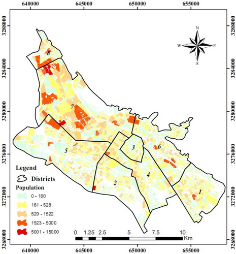 Figure 10. Spatial distribution of population density in Shiraz in 2016.