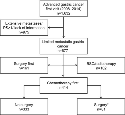 Figure 1 Flow diagram of patients involved in the analysis.Notes: *The surgical procedure included gastrectomy, combined with or without resection of the metastatic sites.Abbreviation: PS, propensity score; BSC, best supportive care.