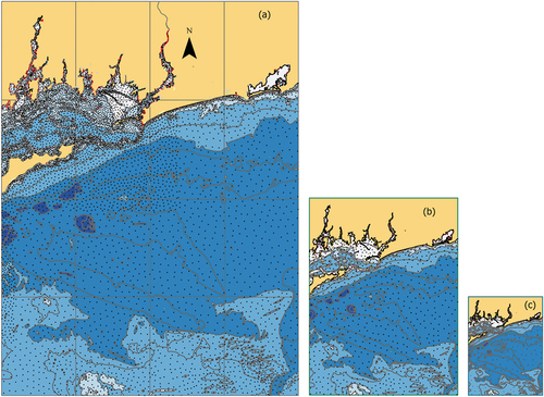 Figure 9. Research case-1, Block Island North, NY-USA (a) Model input 1:20k (b) Model output 1:40k (c) Model output 1:80k.