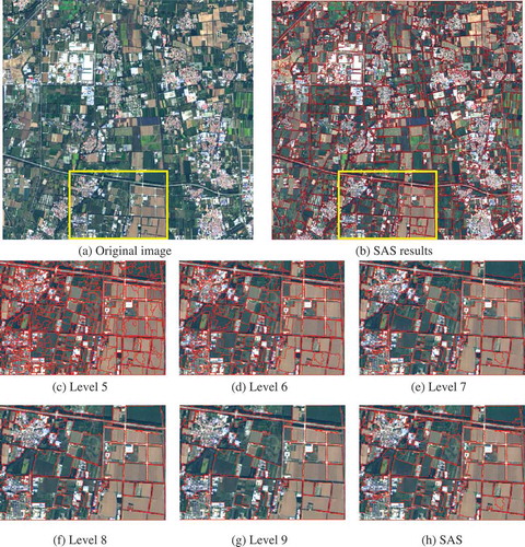 Figure 10. A comparison between SWA and SAS results in farmland area. (a) The original image and (b) the SAS result. A heterogeneous region, marked with yellow rectangle, is chosen to visually compare the six kinds of segmentation results at (c) level 5, (d) level 6, (e) level 7, (f) level 8, (g) level 9 of SWA results and (h) SAS result.