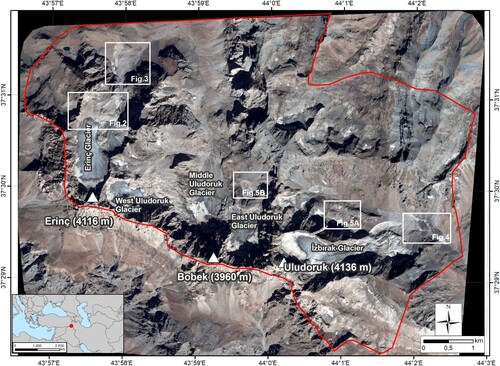 Figure 1. Pleiades satellite imagery (project ID: 32011) of the Cilo mountain group indicating the study area and the main toponyms of the mountain ridge.