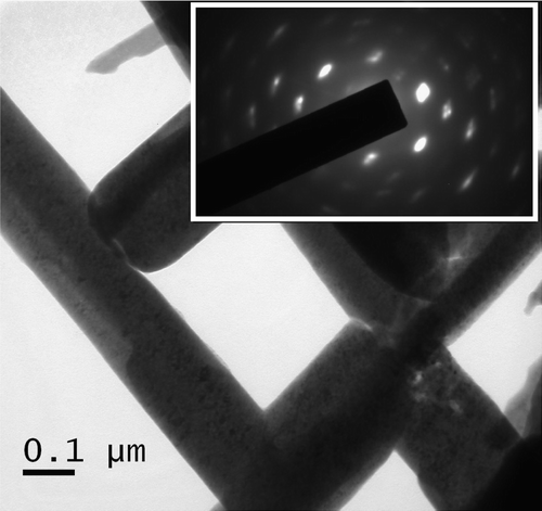 Figure 2. TEM image of a representative sample with PbS nanorods synthesized with polypyrrole concentrations 15 wt%. Inset shows the corresponding diffraction pattern.