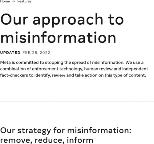 FIGURE 2. Facebook’s remove, reduce, inform policies. Source: https://transparency.fb.com/features/approach-to-misinformation/