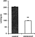 Figure 4Effect of the simiarenol (10 mg/kg, i.p.), isolated from the hexane fraction obtained from H. alchorneoides. leaves, against glutamate-induced pain in mice. Each column represents mean ± SEM of six experimental values. **p < 0.01.