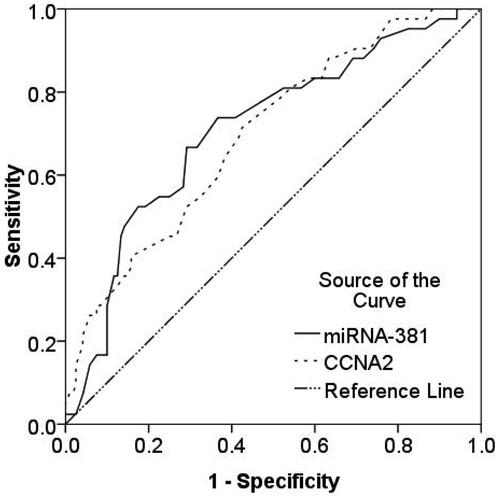 Figure 6. ROC analysis of miR-381 and CCNA2 for predicting PFS in breast cancer. The AUC of miR-381 and CCNA2 for predicting PFS in breast cancer were 0.711 and 0.695, respectively. ROC: Receiver operating characteristic; AUC: Area under curve; CCNA2: Cyclin A2; PFS: Progression free survival.