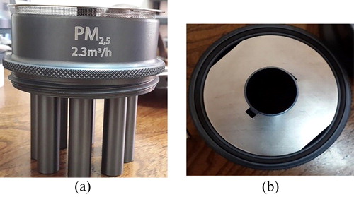 Figure 5. The image of impactor (a) inlet and nozzles and (b) impaction plate and outlet.