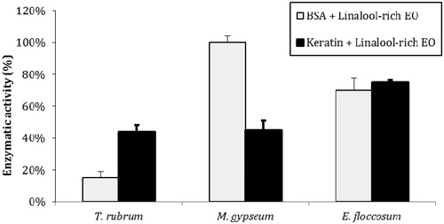 Figure 2. Inhibition of peptidase and keratinase activities by L. alba EO. The control activities (171 AU/mL for BSA and 196 AU/mL for keratin) are each set as 100%. The values represent the means of three independent experiments performed in triplicate. The error bars represent the standard error of the mean.