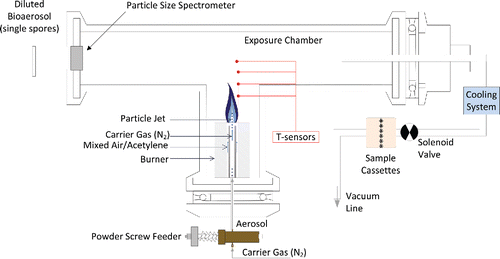Figure 1. Experimental setup for testing biocidal effect of combustion products of different materials on the aerosolized spores.