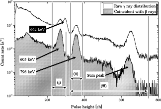 Figure 4. Obtained pulse height distributions of NaI(Tl) scintillation detector for mixture sample of Cs-134 and Cs-137. Hatched lines indicate pulse height distribution under condition of coincidence with beta ray detection.