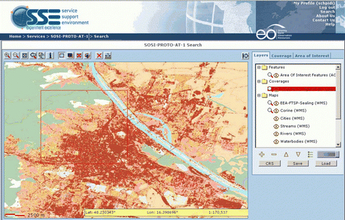 Figure 5.  SOSI Geoportal Supporting Product and service discovery, Versatile Area of Interest Definition, WMS-based viewing and WCS-based downloading.