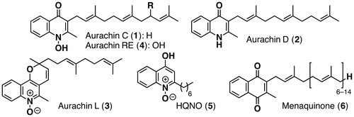 Fig. 1. Structures of aurachins C (1), D (2), L (3), RE (4), HQNO (5) & menaquinone (6).