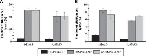 Figure 5 In vitro uptake of PE-PEG or DM-PCL containing LNPs in bEnd.3 and U87MG cells.Notes: (A) Fraction of administered RhB-labeled lipid vehicle in the cell lysate. (B) Fraction of administered 33P labeled siRNA in the cell lysate. Error bars are SEM (n=4).Abbreviations: PEG, poly(ethylene glycol); PCL, PEGylated cleavable lipopeptide; LNPs, lipid nanoparticles; RhB, rhodamine B; SEM, standard error of mean; DM, dimyristoyl.