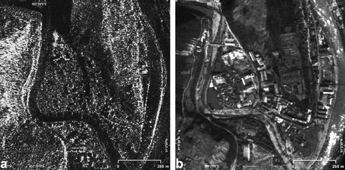 Figure 3.  A comparison of CosmoSkymed SAR stripmap data at 3 m resolution (a) and SPOT-5 pre-disaster panchromatic imagery at 2.5 m pixel spacing (b) over Yingxiu.