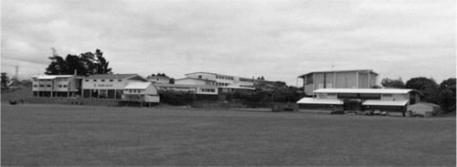 Fig. 1.  The sports fields, the new sports complex (to the right), the multipurpose astro-court (in the middle) and the old gym (to the left) at Kea College.