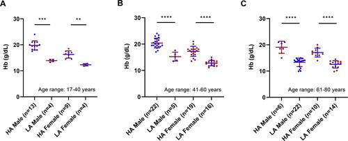 Figure 4 Hemoglobin concentration (Hb) among age-categorized participants: (A) in the age range of 17–40 years, (B) 41–60 years, (C) 61–80 years. ****p <0.0001, ***p = 0.0001–0.001, **p = 0.001–0.01. Blue and maroon horizontal lines represent mean ± SD.