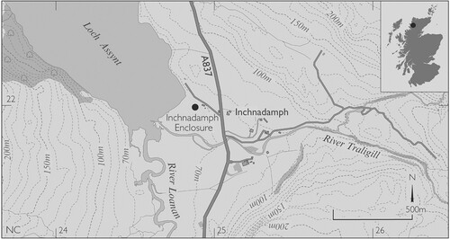 Figure 1. Location map of Inchnadamph enclosure, showing its position in northwestern Scotland and detail of its situation (contains OS data © Crown copyright and database rights 2022).