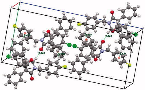 Figure 7. Unit cell in the crystal packing of compound 4t (hydrogen bonding is shown by dotted lines).