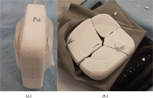 Figure 8. (a) Fifty layers of DOE standard fabric divided and attached to the sides of a large porous ceramic block before the experiment; (b) the ceramic crushed by hydrostatic pressing at 32 MPa.