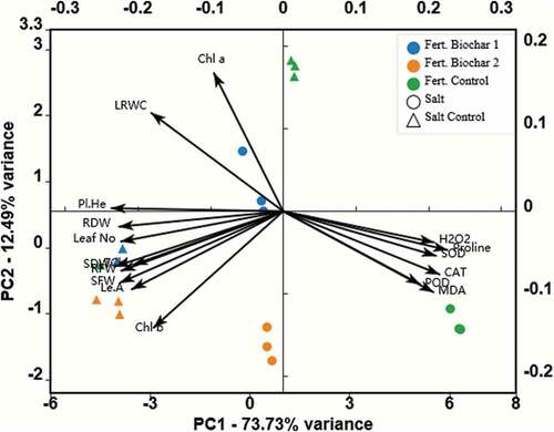 Figure 2. Biplot representation of principal component analysis (PCA) showing the effect of biochar application on tomato plants grown under salt-stress and non-stress conditions. Pl.He: Plant height; SFW: Shoot fresh weight; SDW: Shoot dry weight; Leaf no: Number of leaves; Le.A: Leaf area; RFW: Root fresh weight; RDW: Root dry weight; LRWC: Leaf relative water content; Chla: Chlorophyll a; Chlb: Chlorophyll b; TChl: Total Chlorophyll; H2O2: Hydrogen peroxide; CAT: Catalase; POD: peroxidase; MDA: Malondialdehyde. (Salt Control: Non-saline water, Salt: 100 mM (NaCl), Fert. Control: Sandy loam soil in 3.5-L pots, Fert. Biochar-1: 5% biochar mixed thoroughly with the sandy loam soil prior to filling into 3.5-L pots, Fert. Biochar −2: 10% biochar mixed thoroughly with the sandy loam soil prior to filling into 3.5-L pots.).