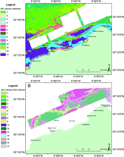 Figure 6. QTC classification map for (A) the EM3002 data acquired onboard RV Jetstream and (B) the EM710 data acquired onboard RV Victor Hensen.