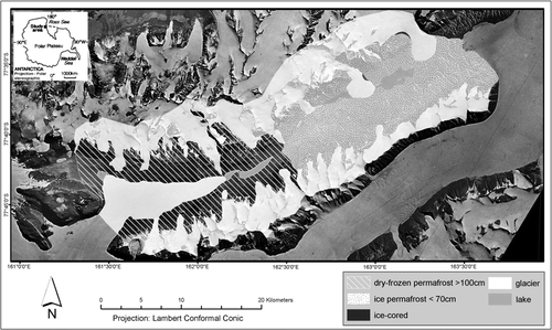 FIGURE 2 Preliminary permafrost map of Taylor Valley. Place names referred to in the text are given in the caption of Figure 1.