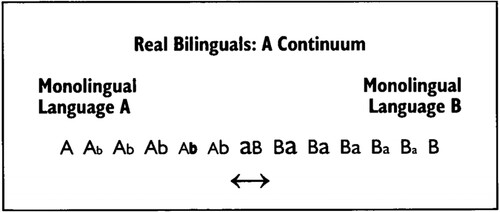Figure 1. The bilingual continuum drawn from Valdés (Citation2001, 41). In real-life practice, bilingual speakers’ language practice lies in a continuum, with monolingual language A and B located at both ends and the varied combinations of A and B in between.