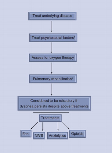 Figure 1. General approach to treating patients with dyspnea/refractory dyspnea.†Treatment of psychological factors includes relaxation techniques, behavior modification, breathing strategies, anxiolytic medications and support for caregivers.‡Multidisciplinary and comprehensive pulmonary rehabilitation Citation[93].NIVS: Noninvasive ventilatory support.