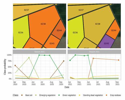 Figure 9. Example of parcel trajectories over time based on class probability. The plot referred to as 0238 underwent crop rotation from maize (Orange in the top left panel, season 2020) to soft-wheat (dark yellow in the top right panel, season 2021).