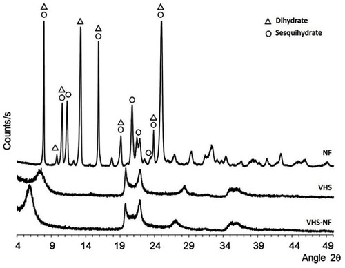 Figure 2 XRPD diffraction patterns of NF, VHS and VHS-NF.Abbreviations: NF, norfloxacin; VHS, montmorillonite; VHS-NF, montmorillonite/norfloxacin nanocomposite.