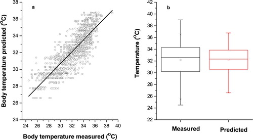 Figure 8. Measured and predicted pig’s body temperature in Multiple linear regression (MLR) model with seven input variables. (a) Scatter plot of measured and predicted pig’s body temperature. (b) Box plot of measured and predicted pig’s body temperature.