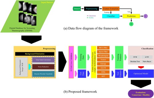 Figure 1. Schematic diagram by extracting hybrid features and optimising and applying robust machine learning techniques, (a) data flow diagram of the proposed framework, and (b) proposed framework.