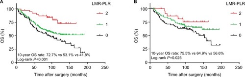 Figure 3 Survival curves of patients with adenocarcinoma or squamous carcinoma in LMR-PLR.Note: OS curve of patients with (A) adenocarcinoma with LMR-PLR =2, LMR-PLR =1, and LMR-PLR =0 (log-rank test, P<0.001) and (B) squamous carcinoma with LMR-PLR =2, LMR-PLR =1, and LMR-PLR =0 (log-rank test, P=0.025).Abbreviations: LMR, lymphocyte-to-monocyte ratio; PLR, platelet-to-lymphocyte ratio; LMR-PLR, combination of preoperative LMR and PLR; OS, overall survival.