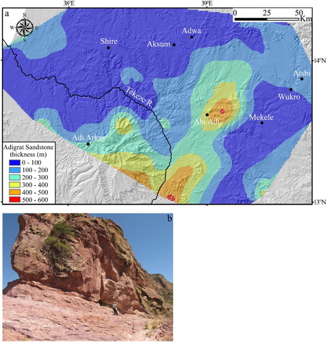 Figure 2. (a) Map of the thickness of the Adigrat Sandstones resulted from the subtraction (in GIS environment) of the top (Antalo Limestones/Adigrat Sandstones contact) and the bottom (Adigrat Sandstones/Basement rocks contact) surfaces of the formation mapped by using field work data and the published geological maps (SRTM DEM database); (b) Adigrat Sandstones outcrop west of Wukro city.