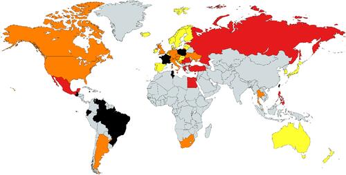 Figure 1 Map showing the contacted countries and their respective responses.Notes: Yellow = nationwide protocol, orange = local protocols, red= no protocol, black = no answer and grey = not contacted.