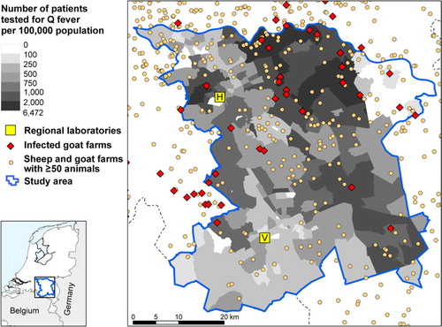 Fig. 1 Incidence (×100,000 population) of Q fever laboratory tests (n =11,035) with locations of all small ruminant farms with ≥50 animals in the south of the Netherlands by four-digit postal code area. Data from patients testing positive in 2009 and 2010, and patients testing negative in 2010 at the laboratories in 's-Hertogenbosch (H) and Veldhoven (V).