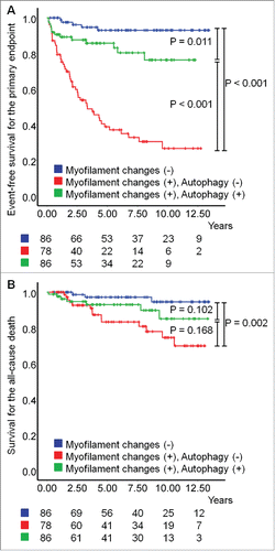 Figure 2. Kaplan-Meier survival curves during the follow-up period. (A) The event-free survival for the primary endpoint defined as a composite of death or readmission due to heart failure (HF). (B) The event-free survival for all-cause death (overall survival).