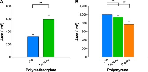 Figure 4 Effects of Bioimprint substrate on Ishikawa cell size.Notes: Effects on (A) (f)pMA and (−)pMA imprint; and (B) (f)pST, (−)pST, and (+)pST imprints. Cells were grown on (A) flat and negative-imprinted pMA substrates; and (B) flat, negative-, and positive-imprinted pST substrates; and were stained for cytokeratin-18; images of cells were taken using epifluorescence microscopy. ImageJ software was used to measure each parameter from the images taken. Data are presented as mean ± SEM of measurements from at least 25 cells from five different images (**P<0.01; paired t-test).Abbreviations: (−), negative imprint; (+), positive imprint; (f), flat substrate; pMA, polymethacrylate; pST, polystyrene; SEM, standard error of the mean.