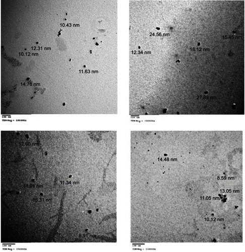 Figure 1 TEM photos for shape and size of produced SNPs of (A) aqueous extract of Lampranthus coccineus, (B) hexane extract of Lampranthus coccineus, (C) aqueous extract of Malephora lutea, (D) hexane extract of Malephora lutea.Abbreviations: TEM, transmission electron microscope; SNPs, silver nanoparticles.