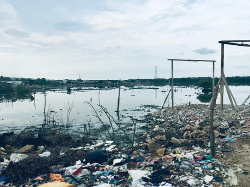 Figure 1. Wooden markers of the future plots to be built on the water with mixed waste materials. (photo by the author, 2019).