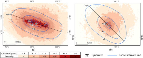 Figure 9. Results of the seismic intensity assessment: (a) 2021 Maduo, Qinghai Mw 7.3 earthquake intensity assessment result; (b) 2022 Maerkang Sichuan Mw5.9 earthquake intensity assessment result. The place where the profile maps were drawn is shown by the solid black line.