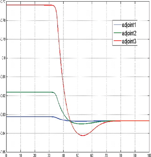 Figure 6. Adjoint functions for a sufficient large budget and large initial tumour cells population, i.e. N(0) = (30, 30, 30).