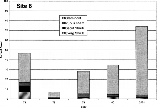 FIGURE 7. Bar graph showing the percent vascular cover of plant functional groups at site 8 on the flat crest of Nimrod Hill, where a sedge-Sphagnum wet meadow was present before the fire