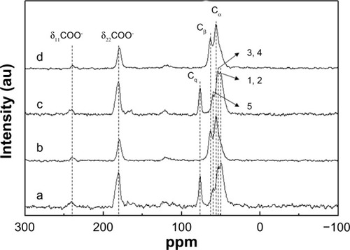 Figure 4 13C nuclear magnetic resonance results for (a) ZnOSM20(−), (b) ZnOSM20(+), (c) ZnOAE100(−), and (d) ZnOAE100(+).Notes: As shown in Figure 5, (COO−) represents carboxyl carbon of L-serine and citrate; Cα and Cβ represent peaks of L-serine; Cq represents quaternary carbon of citrate; and 1–5 represent peaks of HEPES (4-(2-hydroxyethyl)-1-piperazineethanesulfonic acid).