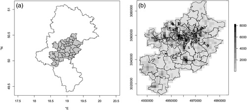 Figure 1. Location of the analysed area (grey) and the SHS’s arteries (black lines). a) In the Silesian Voivodeship. b) SHS arteries with the population density (inh./km2).
