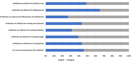 Figure 1 Participants’ responses to the questions on the knowledge of antibiotic use. Questions were adapted from these studies. Both are creative commons.Citation11,Citation13